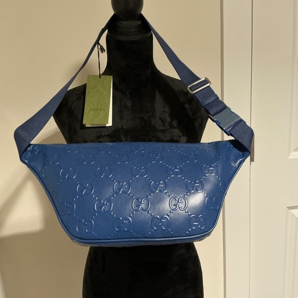 GUCCI blue Calf TENNIS perforated GG Embossed leather 90-36 Belt Bag - Picture 6 of 13